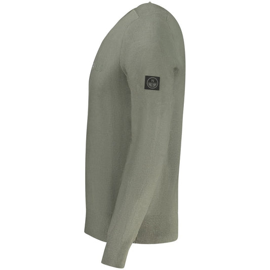 Long sleeve heather gray sweater with a small logo on left shoulder