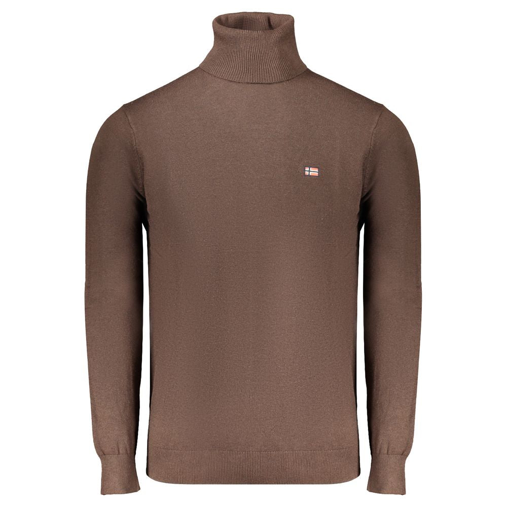 Brown turtleneck sweater with logo on chest