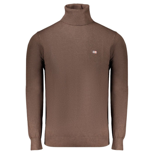 Brown turtleneck sweater with logo on chest