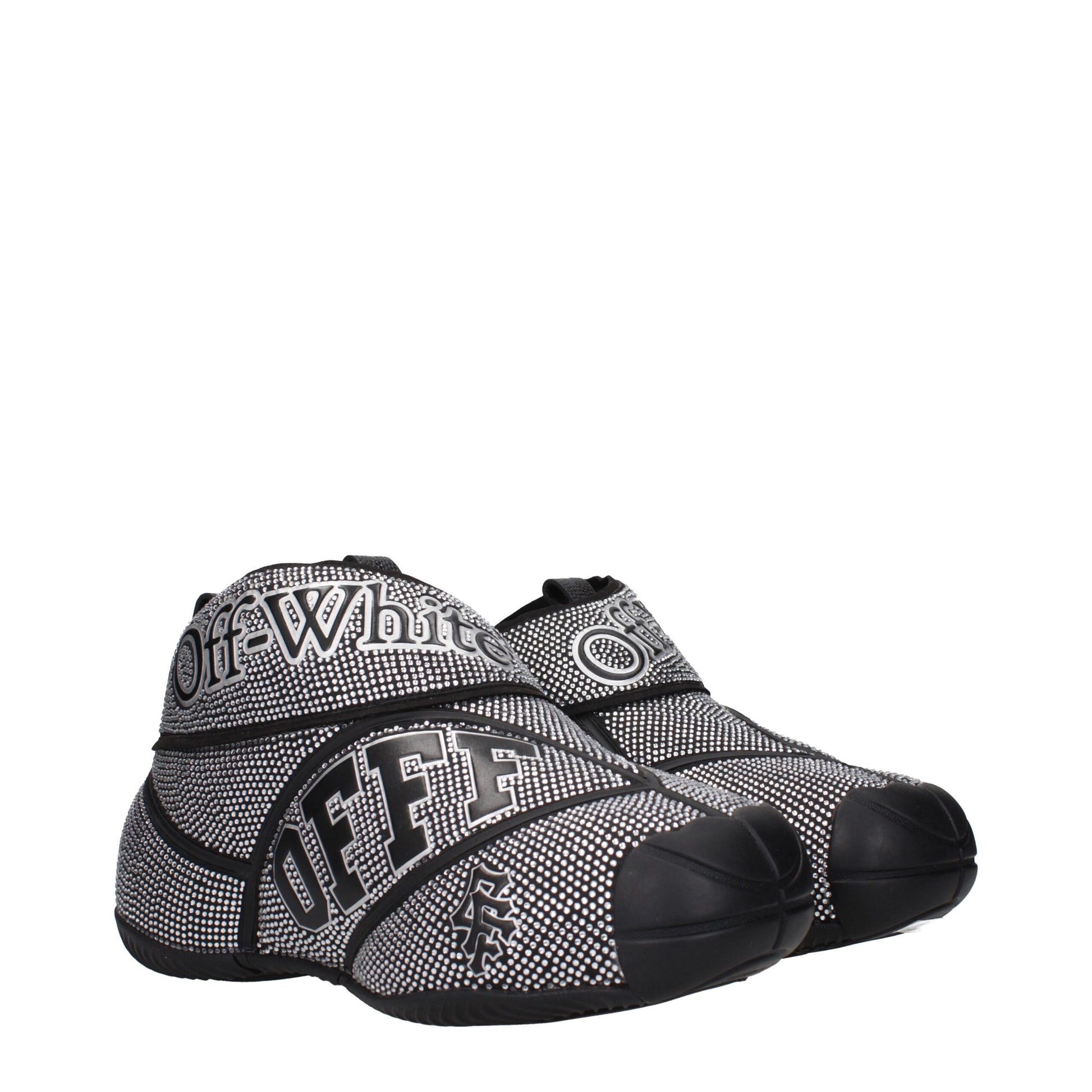 A pair of black and white sneakers with a text pattern on them