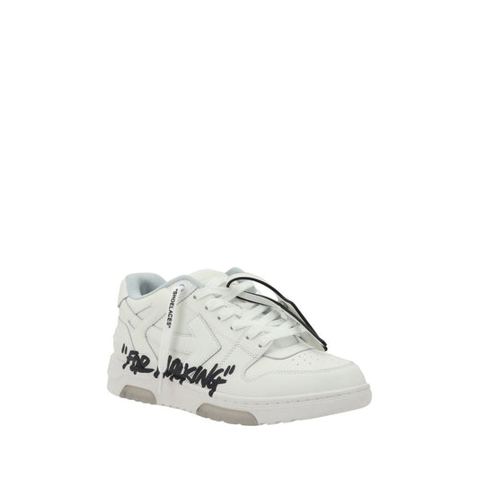 White sneakers with black text on side