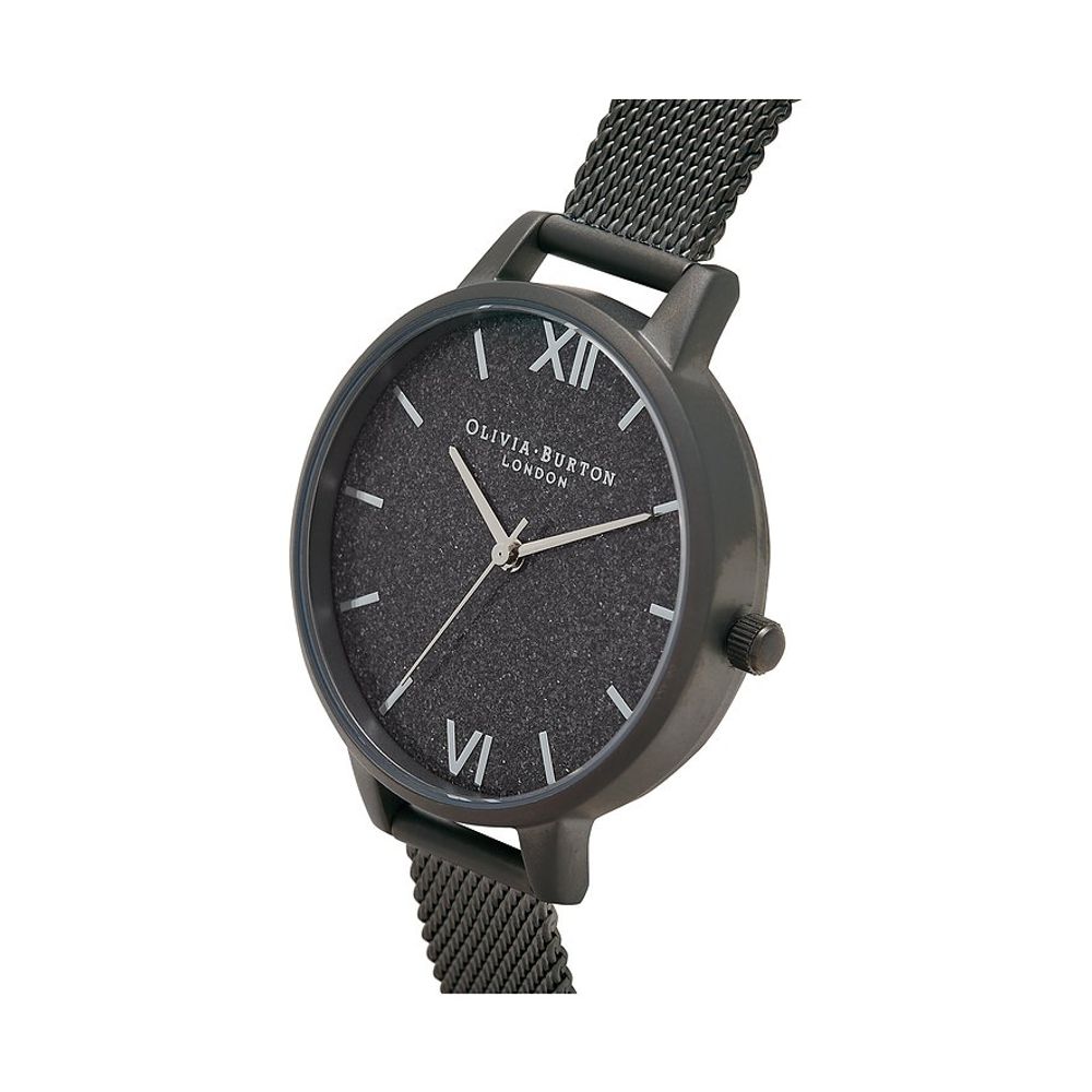 A black stainless steel watch with a textured face, featuring Roman numerals and a date window