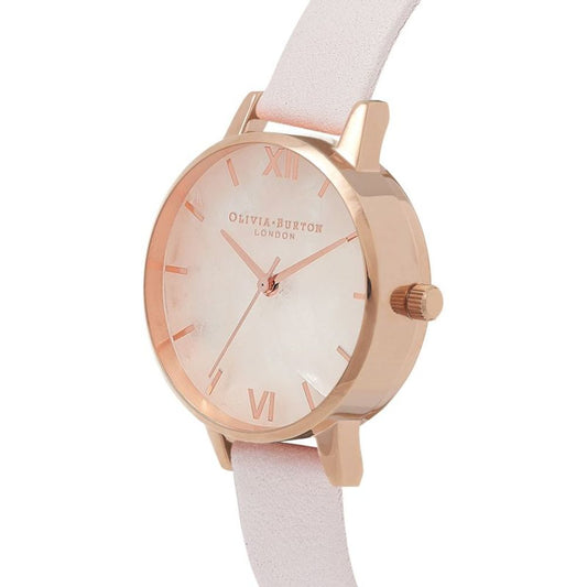 Pink watch with white face and gold accents