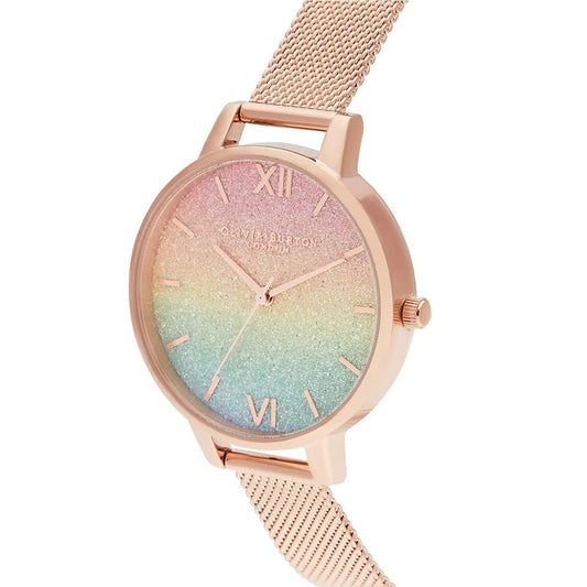 Pink watch with rainbow glitter face, stainless steel band and case, branded logo on dial