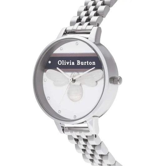 A silver stainless steel watch with a bee design on the face, featuring Olivia Burton branding