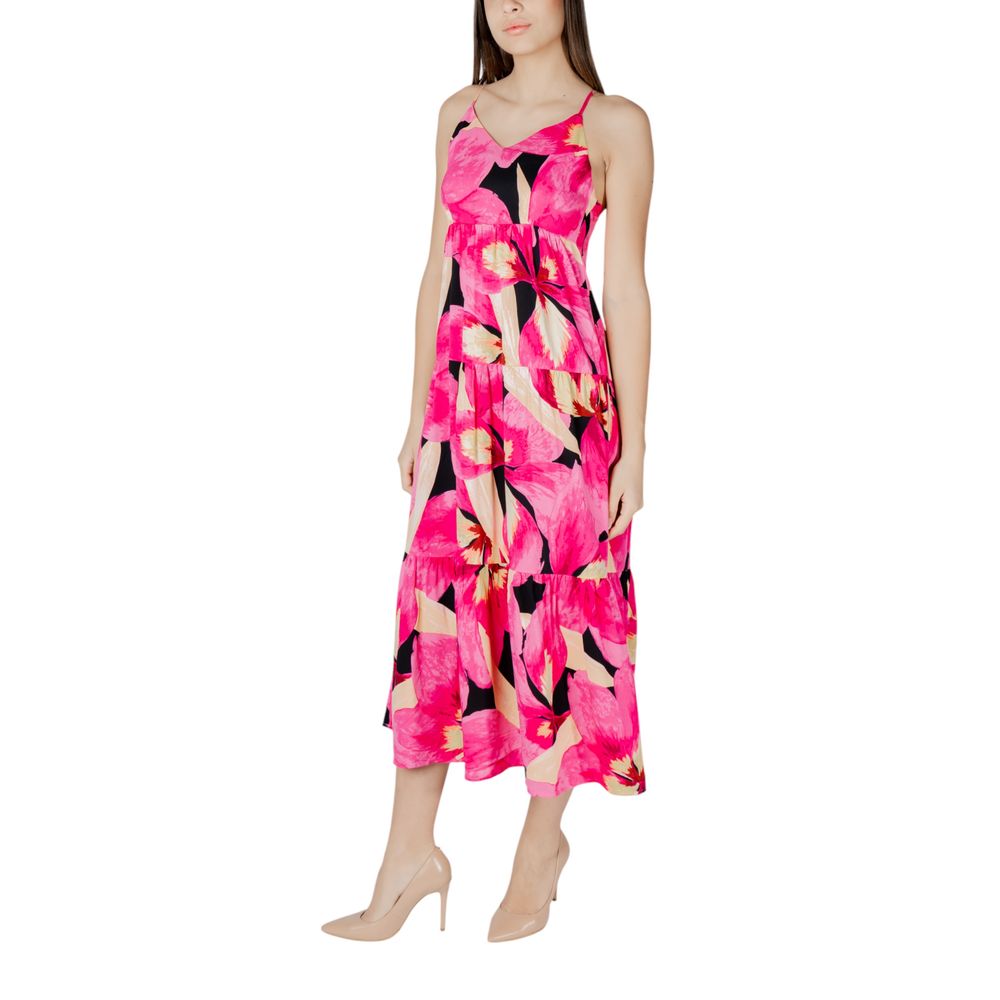 Pink floral print dress with spaghetti straps, knee length, viscose material