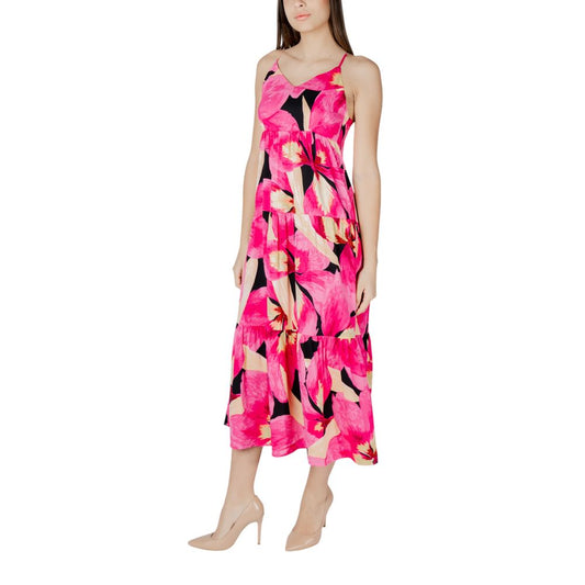 Pink floral print dress with spaghetti straps, knee length, viscose material