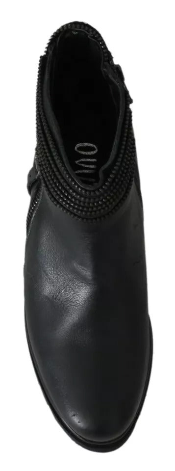 Black leather ankle boot with embellished toe cap