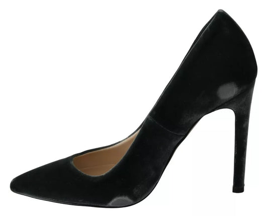Black velvet stiletto pumps with a pointed toe