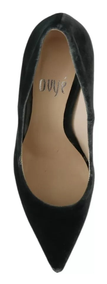 A pair of black velvet dress shoes with a stiletto heel