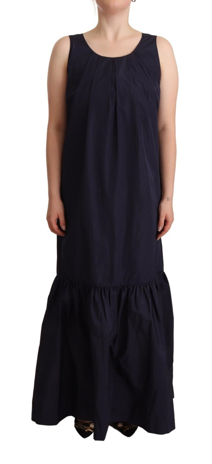A navy blue sleeveless round neck mermaid long dress with ruffled hem