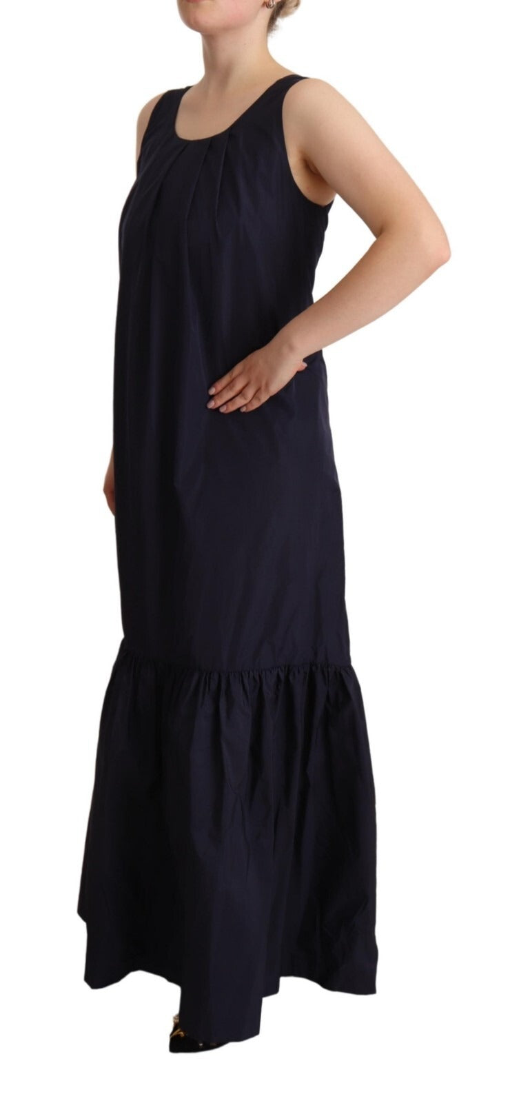 A navy blue sleeveless round neck mermaid long dress with ruffled hem