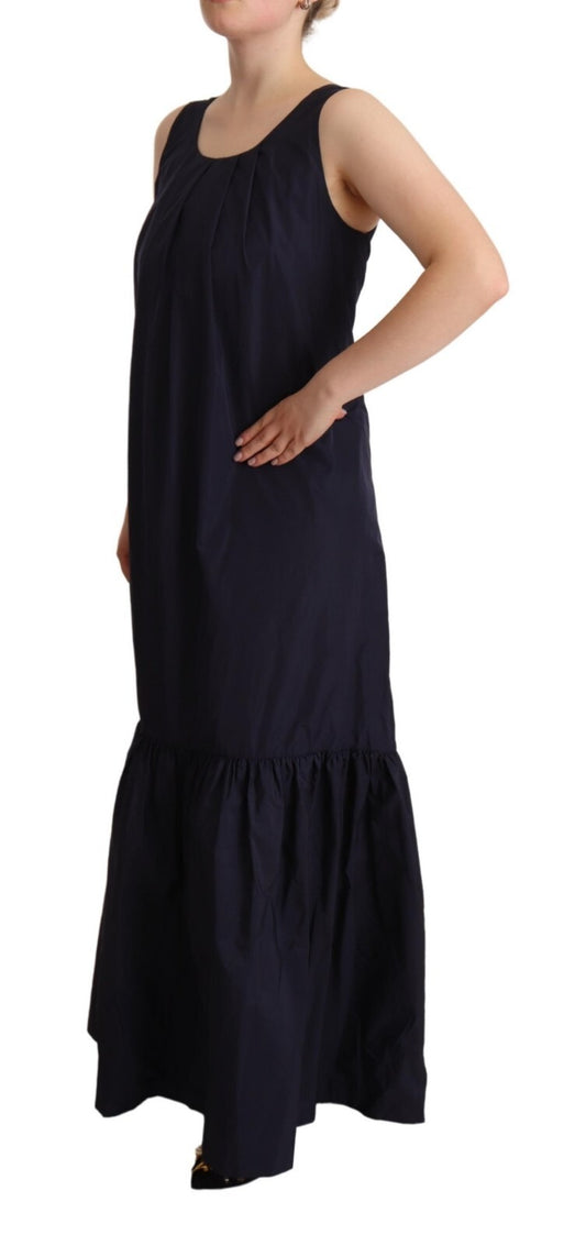 A navy blue sleeveless round neck mermaid long dress with ruffled hem