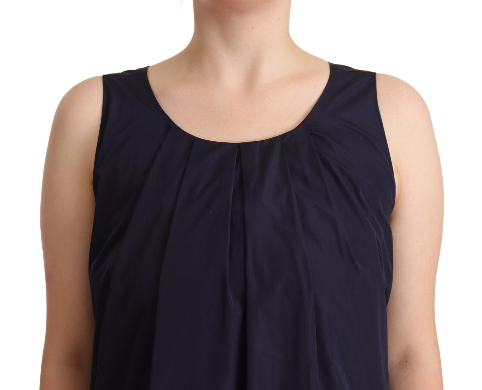 Navy blue sleeveless round neck mermaid dress with ruched detailing