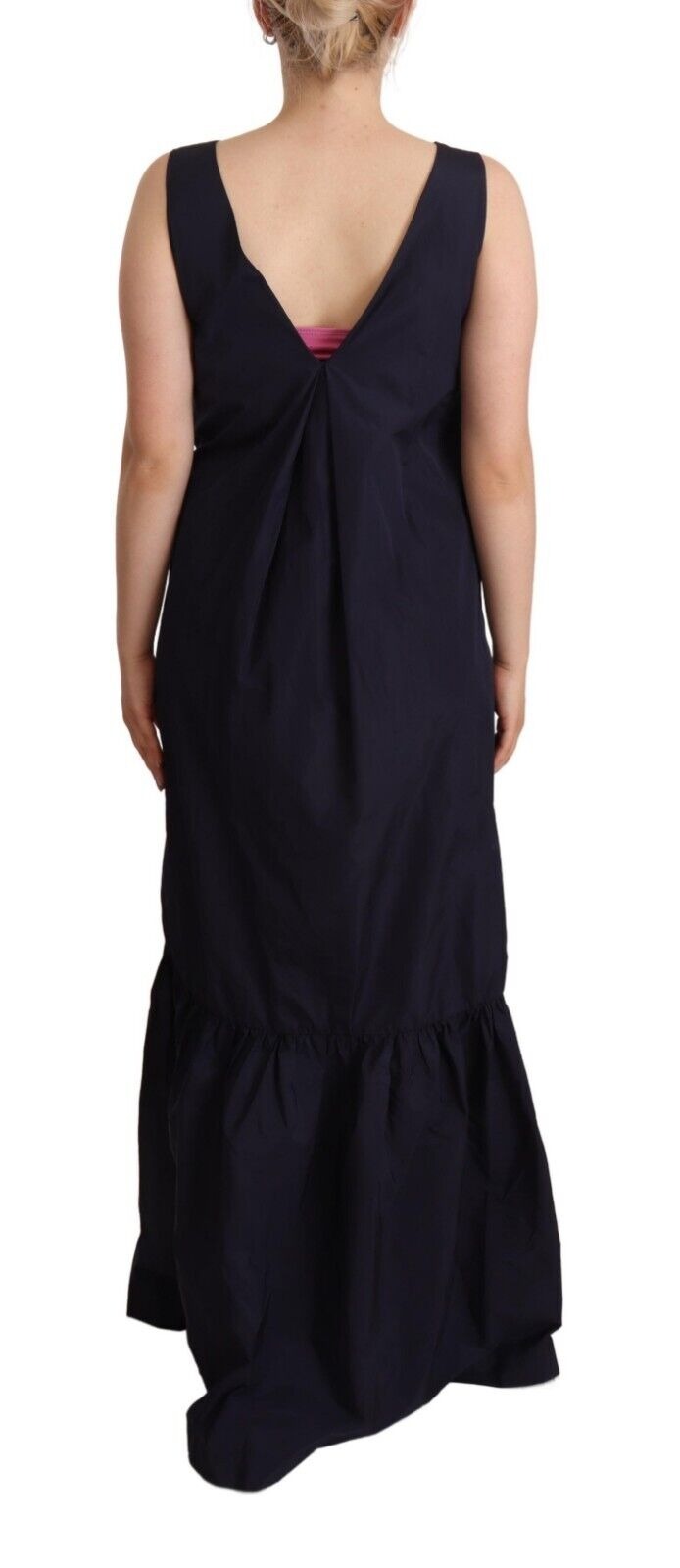 A navy blue sleeveless round neck mermaid long dress
