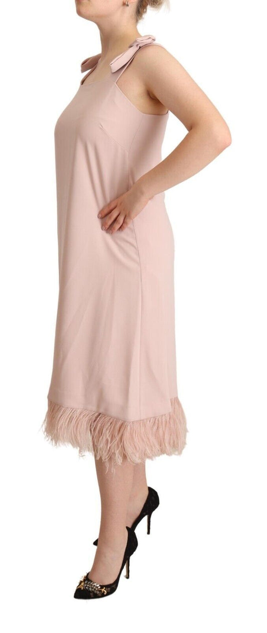 A sleeveless pink midi dress with feather trim and a high neckline