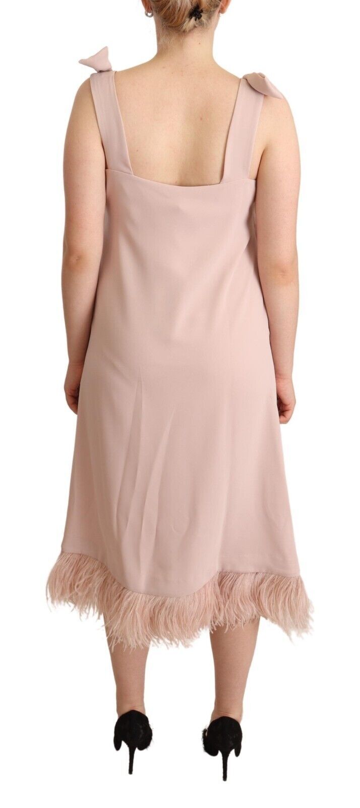 Pink polyester sleeveless midi dress with feather hem and backless design