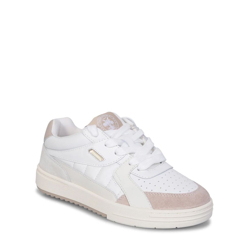 Pair of white sneakers with tan accents, featuring a low-top design and lace closure