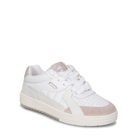 Pair of white sneakers with tan accents, featuring a low-top design and lace closure