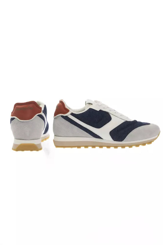 A blue upper sneaker with white sole, featuring a red stripe on the side and a small logo on the heel
