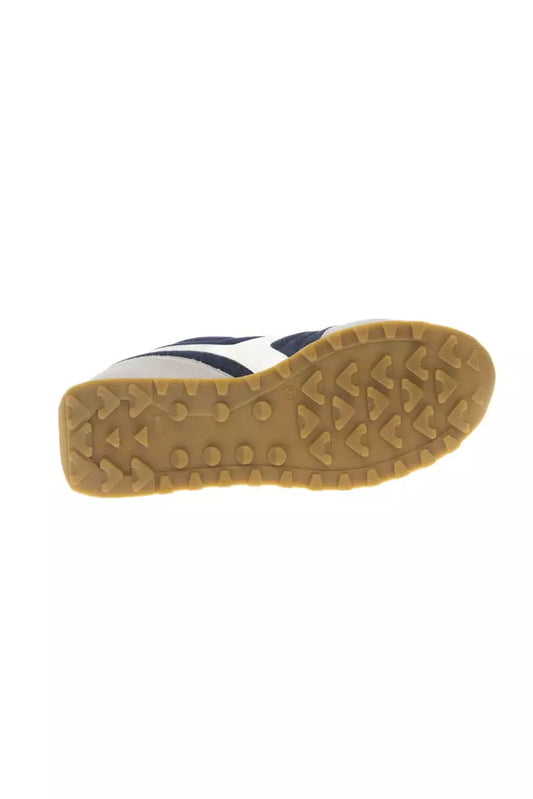 A single blue sneaker with a white sole, featuring a patterned design on the bottom