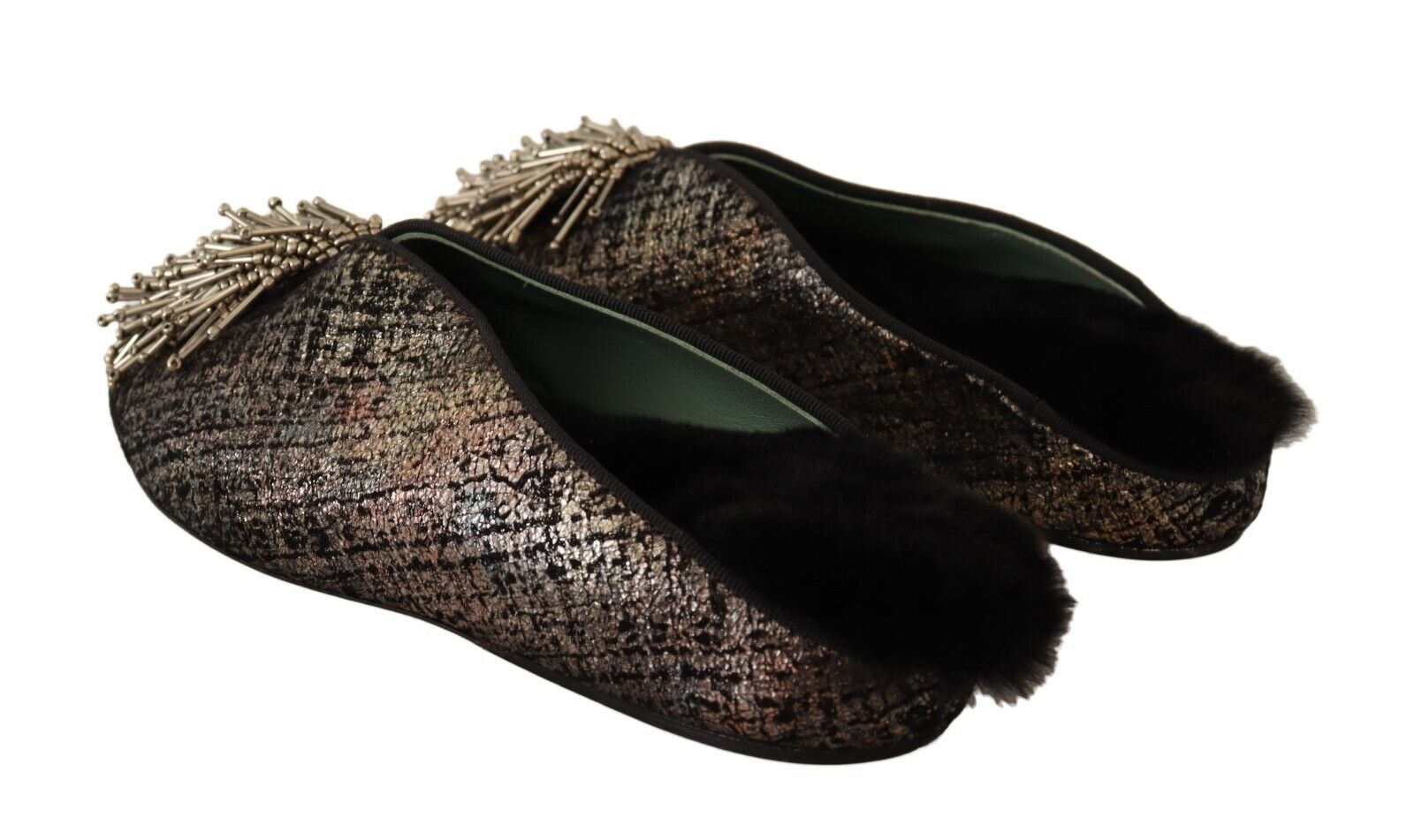 Pair of furry slippers with embroidered detailing and feathered trim