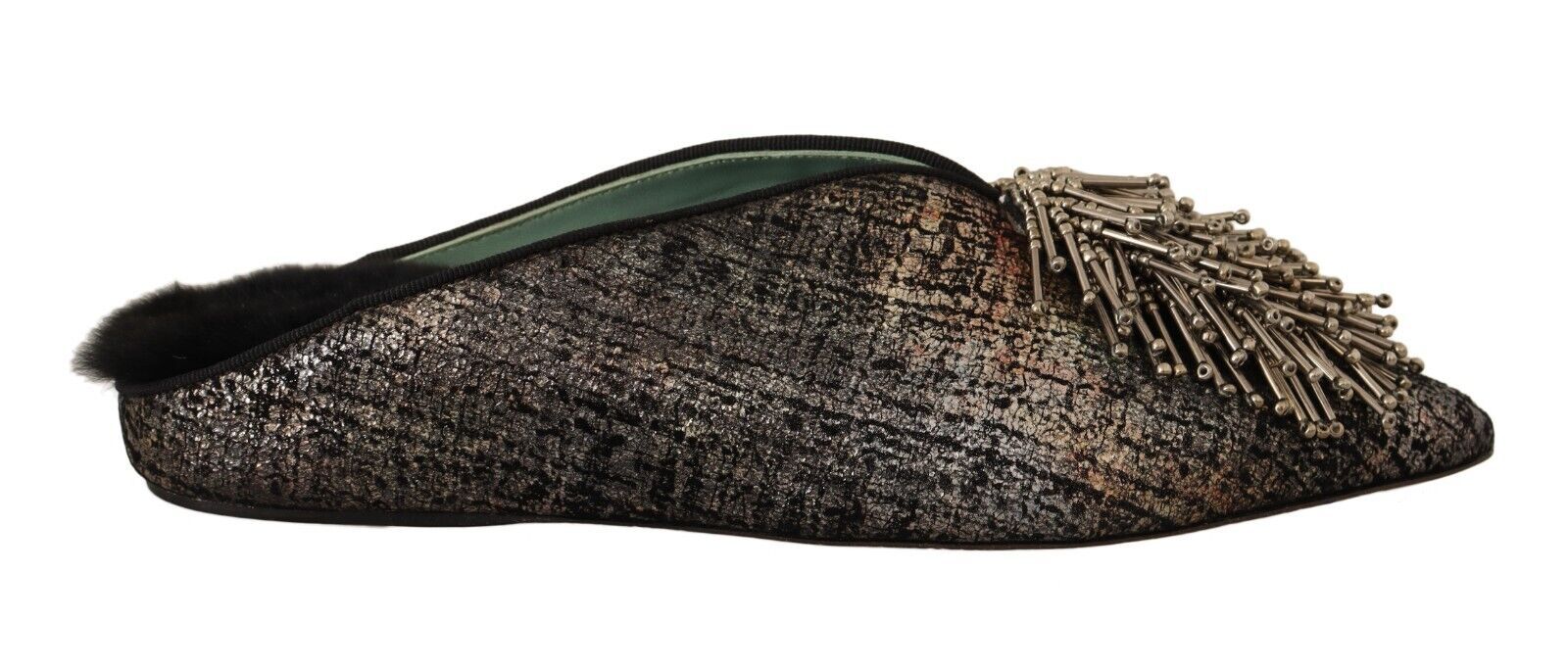 Pair of shoes with fur trim and embroidery on top