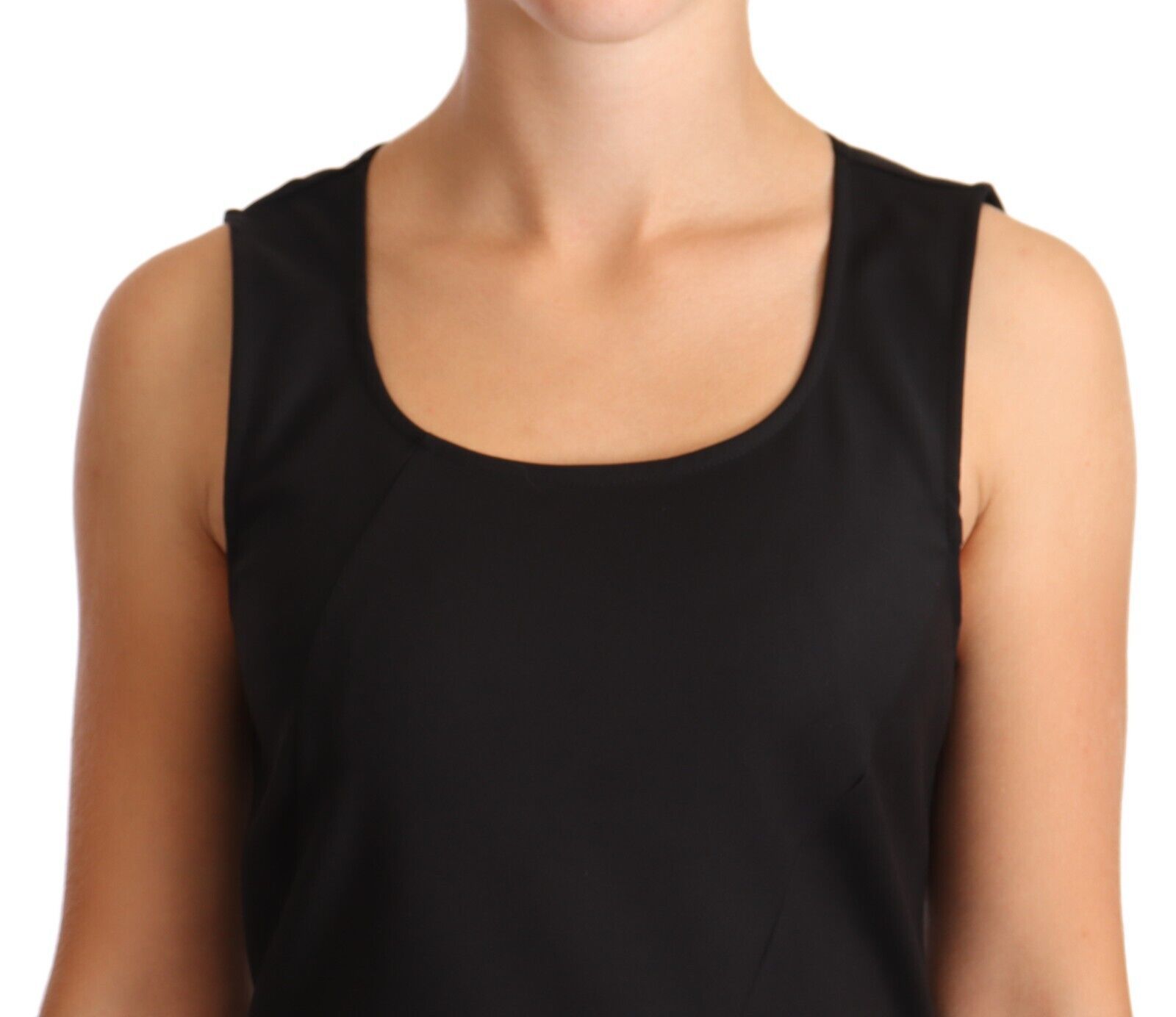 A black sleeveless knee length dress with a V-neckline