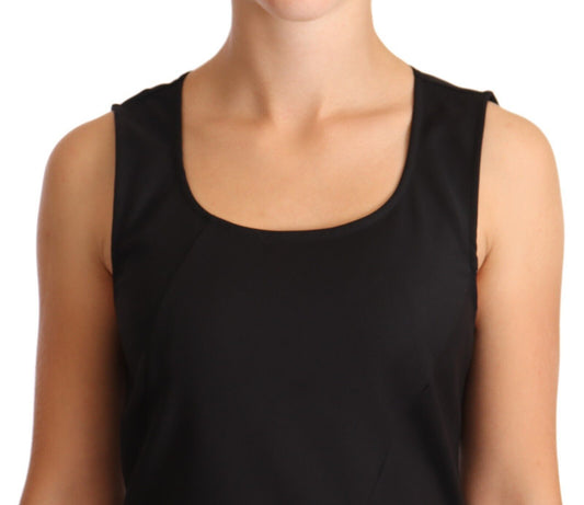 A black sleeveless knee length dress with a V-neckline