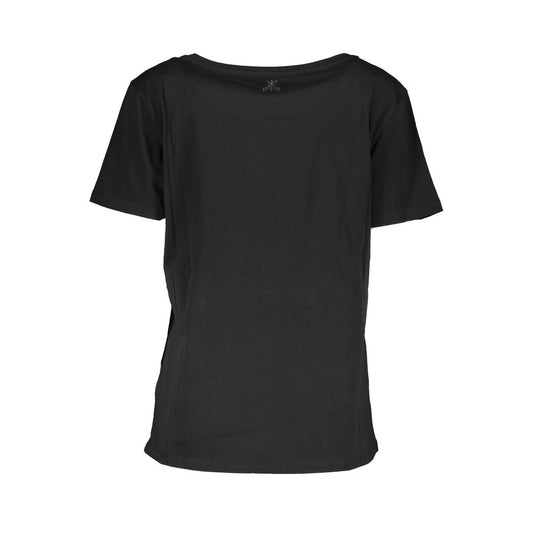 Black short sleeved t-shirt on a hanger