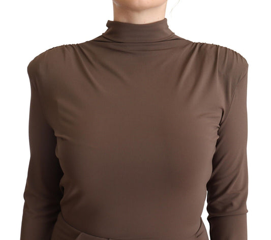 A brown turtleneck dress with long sleeves and a sheath silhouette