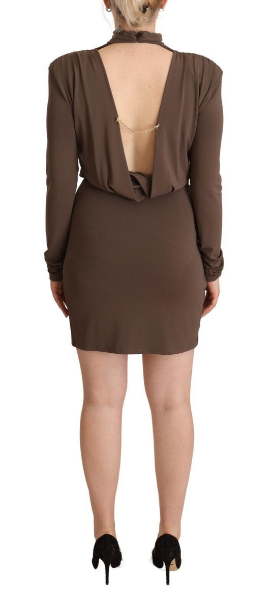 A brown turtleneck sheath dress with long sleeves