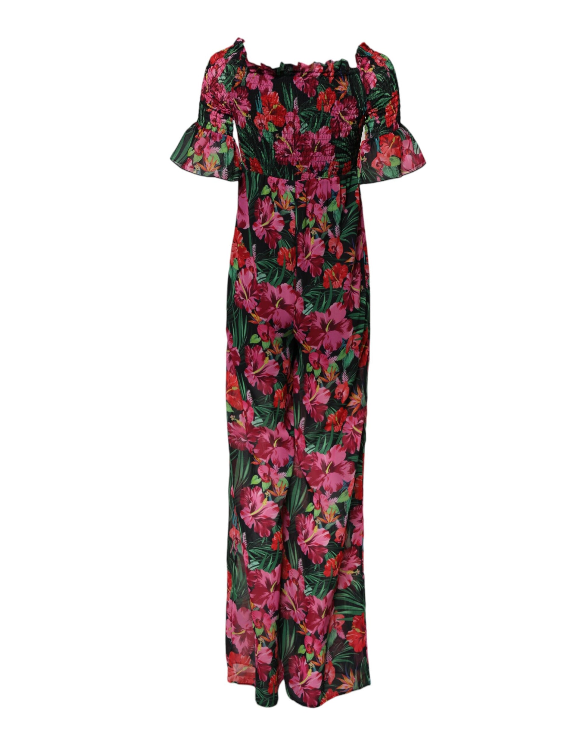 A long sleeve floral print jumpsuit dress with ruffled shoulders and a V-neckline