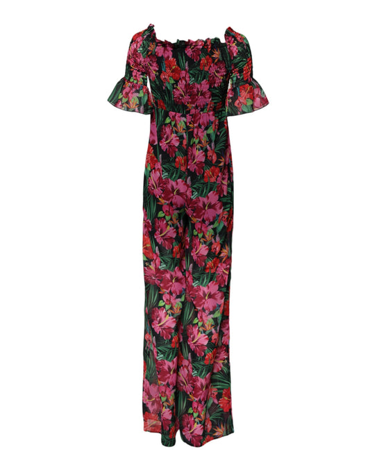 A long sleeve floral print jumpsuit dress with ruffled shoulders and a V-neckline