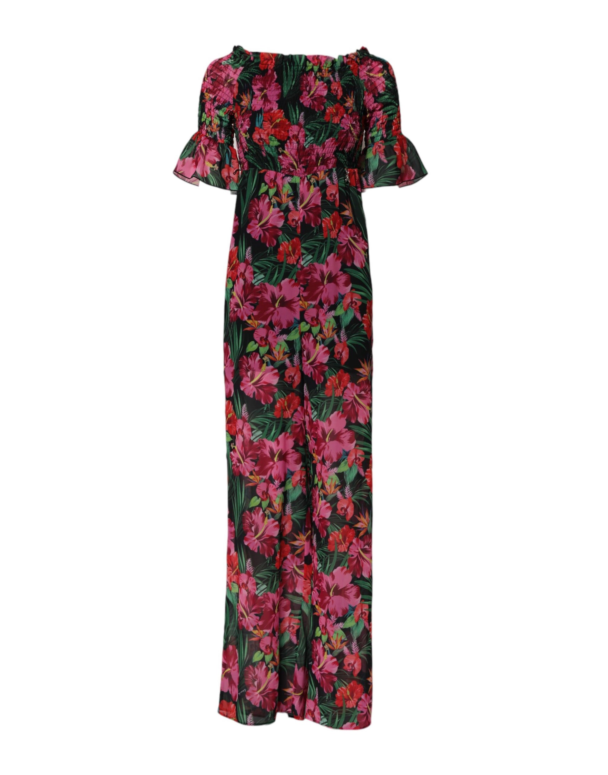 A long sleeve floral print jumpsuit dress with ruffled shoulders and a V-neckline