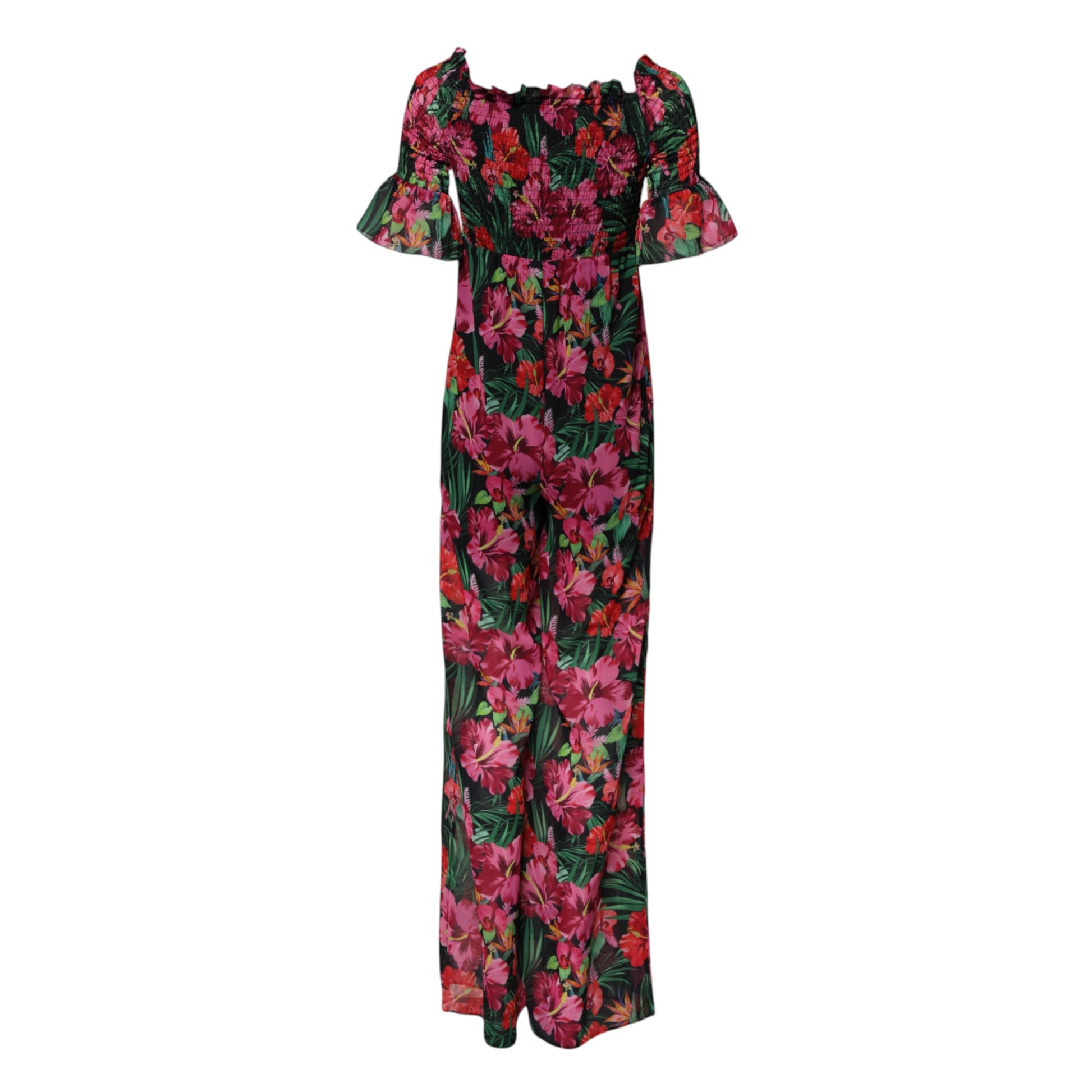 A long sleeve floral print jumpsuit dress with ruffled shoulders and a V-neckline