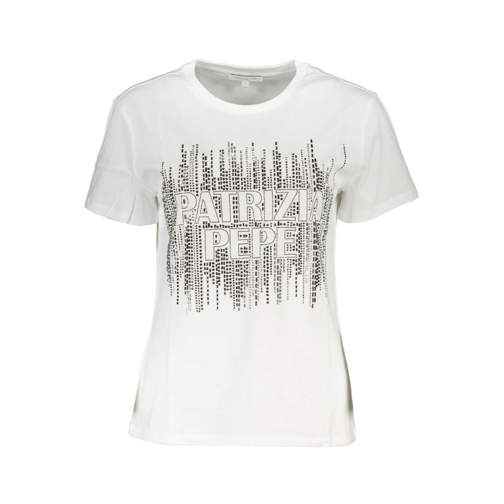 White t-shirt with black lettering