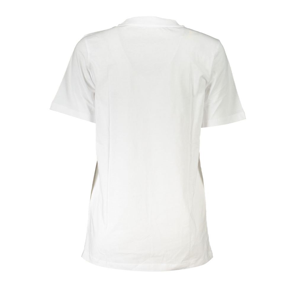 A white organic cotton women's t-shirt with short sleeves and a round neckline