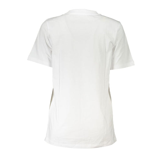 A white organic cotton women's t-shirt with short sleeves and a round neckline