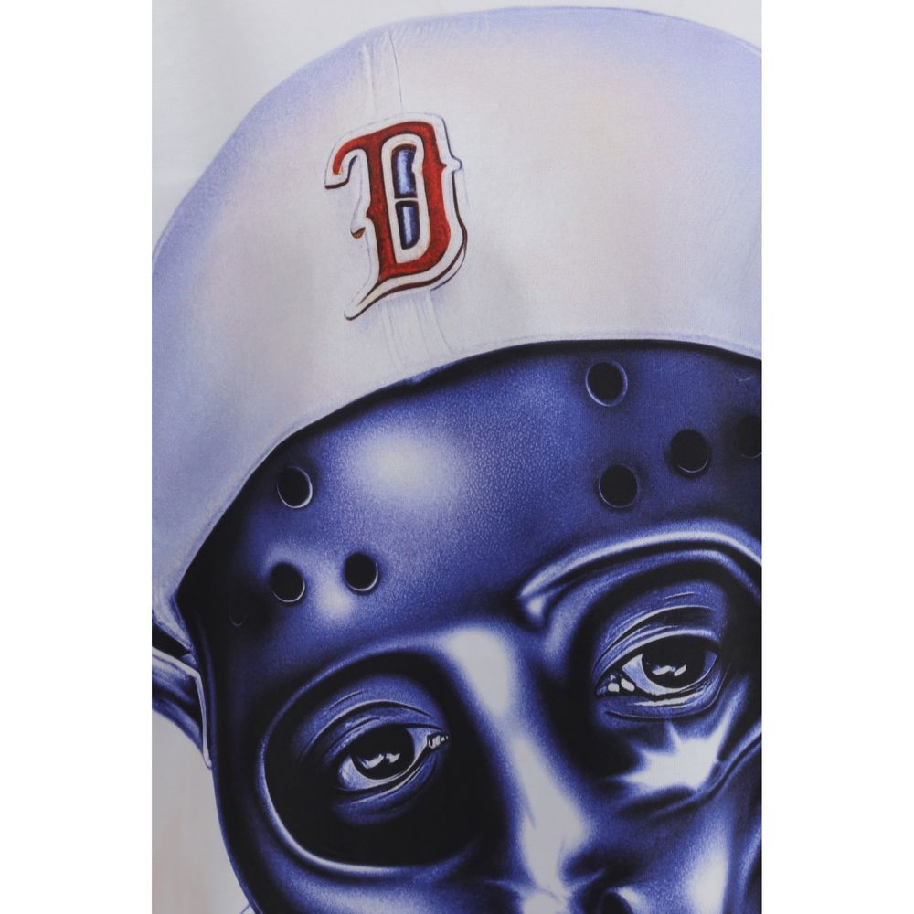 A white cotton long sleeve t-shirt with a blue graphic of a robot's face on the front