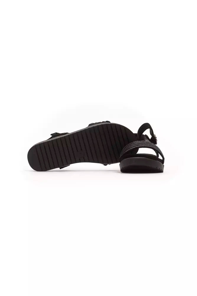 Pair of black sandals with a thick sole and an open back design