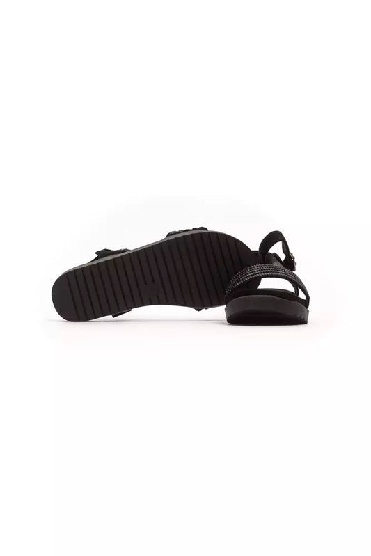 Pair of black sandals with a thick sole and an open back design