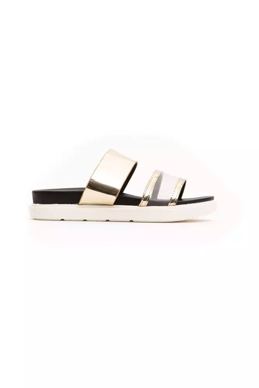 Black and gold sandal with strap over foot