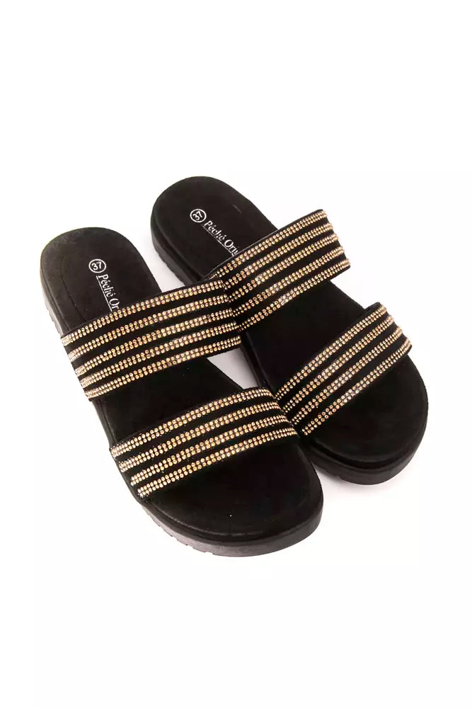 Black velvet sandals with gold straps