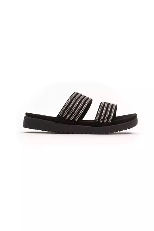 Black sandals with multiple straps and embellishments