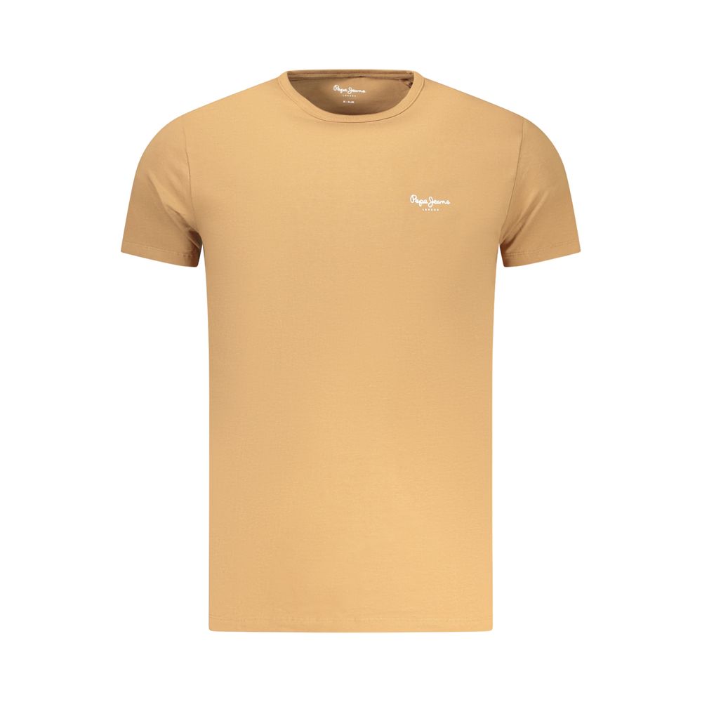 A men's short sleeve t-shirt in a mustard yellow color with a small logo on the left chest