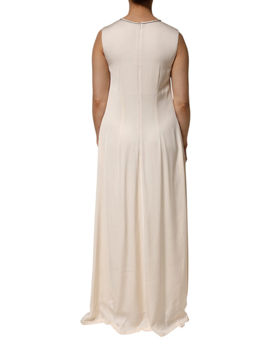 A beige viscose pleated sleeveless maxi dress with a V-neckline