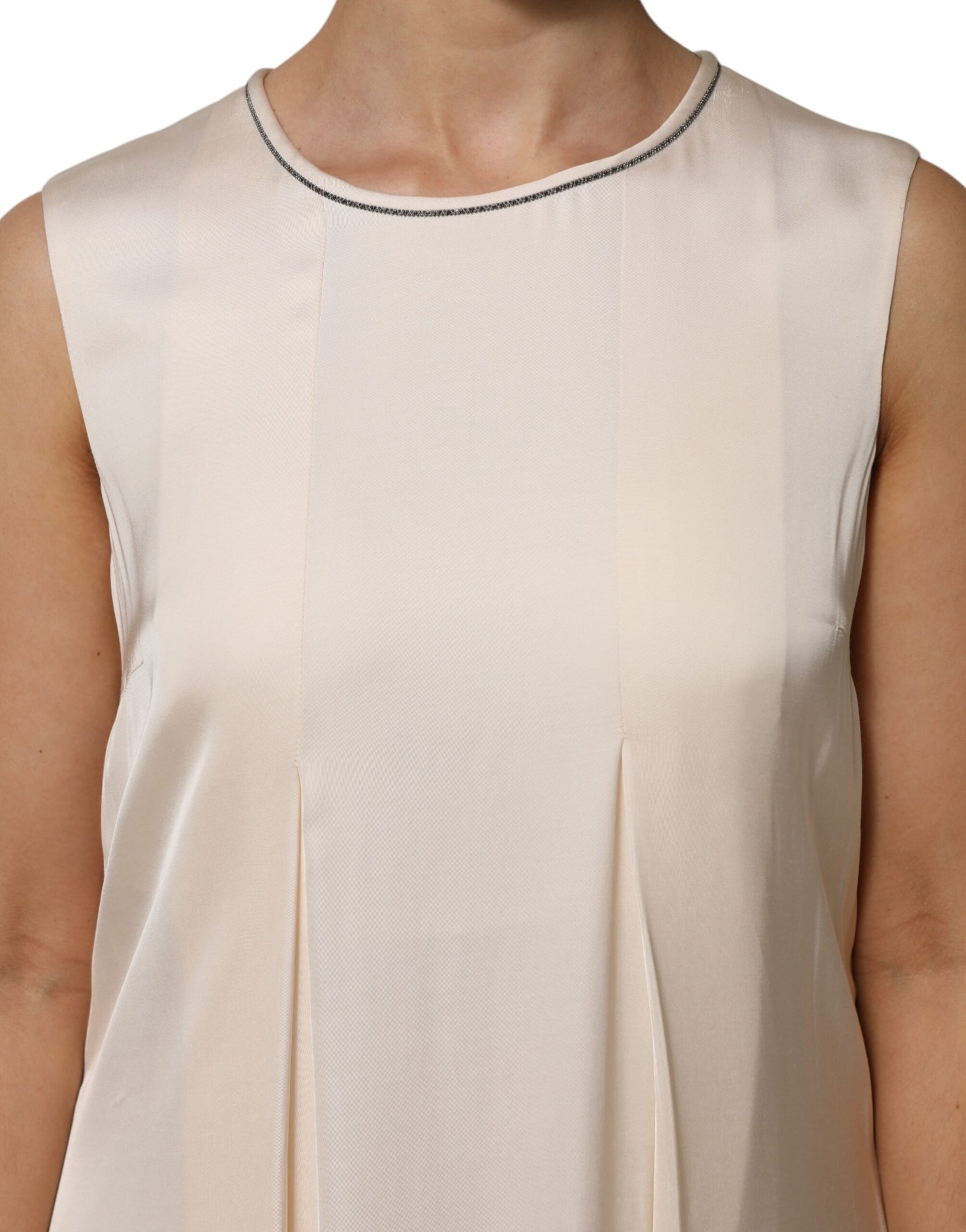 A beige viscose pleated sleeveless long maxi dress