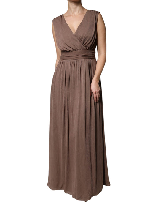 Brown sleeveless deep V-neck A-line long maxi dress