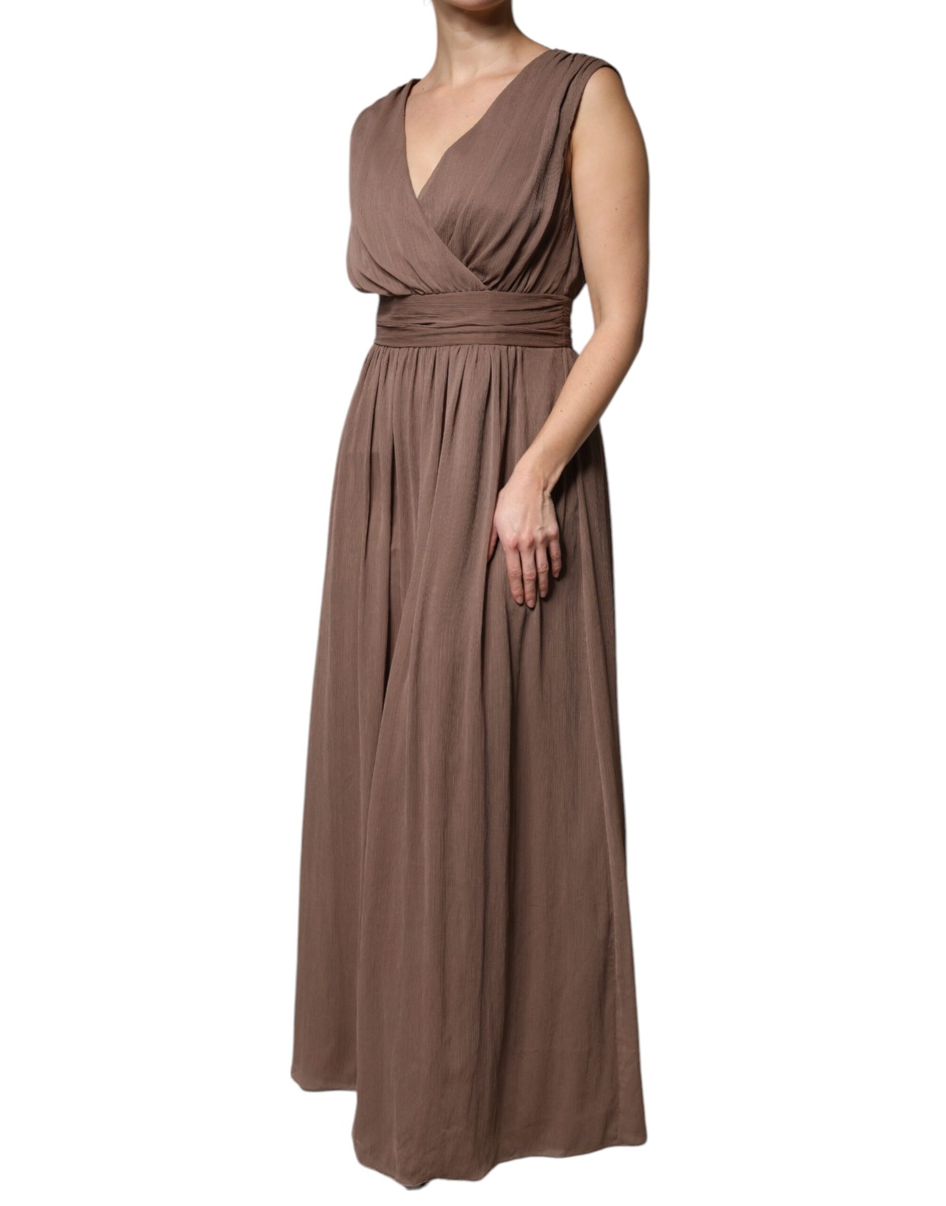 Brown sleeveless deep V-neck A-line long maxi dress